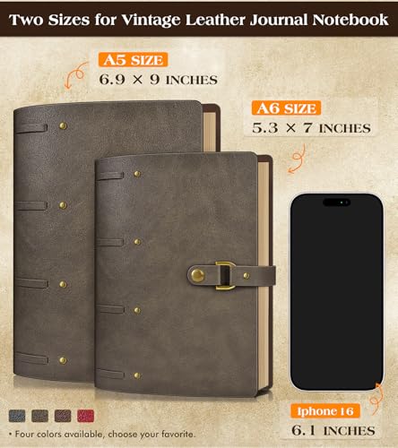 Leather Journal Notebook, A5 Size 6.9 x 9 inches 260 Lined Pages-Dark Brown - color: Dark Brown, size: 6.9*9inch