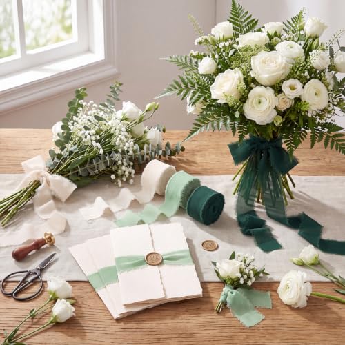 1" x 27 Yd Chiffon Silk Ribbon Set - 3 Rolls Handmade Fringe Fabric - color: Sage Green, Dark Green, Ivory