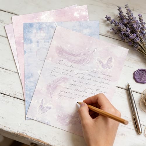 60 Writing Stationery Paper, Lined Stationery Paper for Writing Letter, Double Sided Vintage Letter Paper with Lines,100 GSM, 8.5x11 Inch, 4 Unique Design (Dreamy Pattern) - style: Dreamy Pattern
