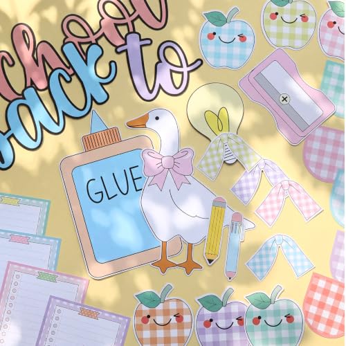 Mooliwe 94 Pcs Welcome Back to School Bulletin Board Set Stationery Apple Paper Cutouts for First Day of School Classroom Wall Door Decoration(Pastel Gingham) - style: Pastel Gingham
