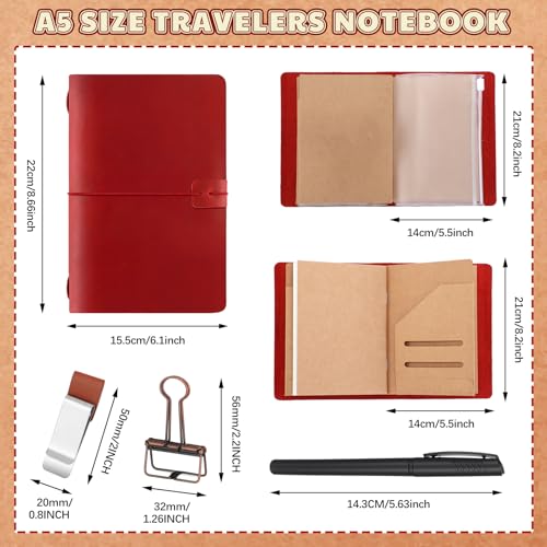 Thenshop Leather Travel Notebook 3 Inserts,Wine Red,A5 Size | Refillable Travel Journal with Pen Holder and Clip, Passport Notebook Accessories for Organizing Notes, Handmade Diary - color: Wine Red, size: A5 Size