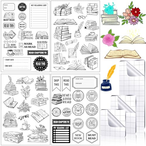 4 Sheets Vintage Book Reading Label Rubber Clear Stamps Set for Card Making and 3 Pcs Acrylic Stamp Block Tools with Grid Lines Transparent Book Sentiment Stamp for DIY Scrapbooking Card Album Craft