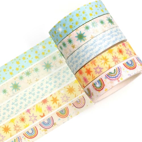 Cute Pattern Washi Tape Set 5 Rolls Glitter Cover Decorative Wide Kawaii Masking Tapes for Arts, DIY Crafts, Journals, Planners, Scrapbook, Wrapping (6 Starry Sky) - color: 6 Starry Sky