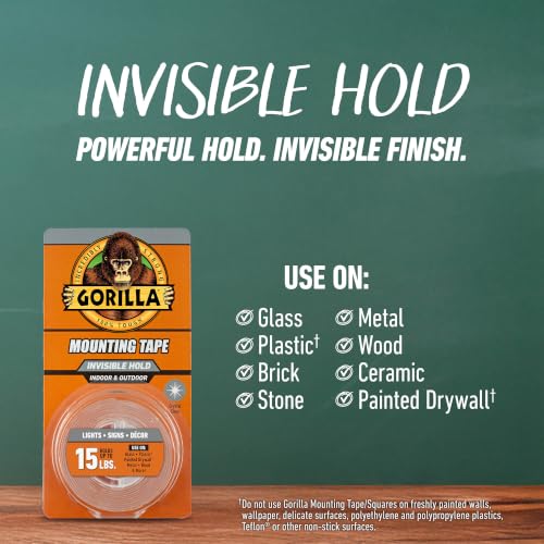 GORILLA Invisible Hold Mounting Tape, Holds Up to 15 lbs, Clear, 1" x 60" - size: 60" inches