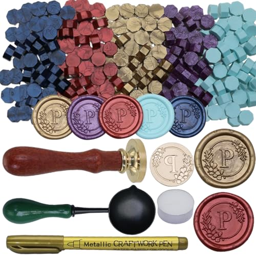 Initial Alphabet Wax Seal Stamp Set, Retro Letter P Sealing Stamp with 150Pcs Sealing Wax Beads in 5 Color, Melt Non Stick Spoon Pen Kit for Wedding and Christmas (P) - style: P