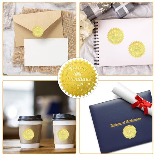 CRASPIRE Perfect Attendance 408Pcs Gold Foil Embossed Stickers 2" Self Adhesive Envelopes Seals Sticker Round Labels for Wedding Invitation Medal Graduation Certificates Diplomas Gift Wrapping Decor - style: Perfect Attendance