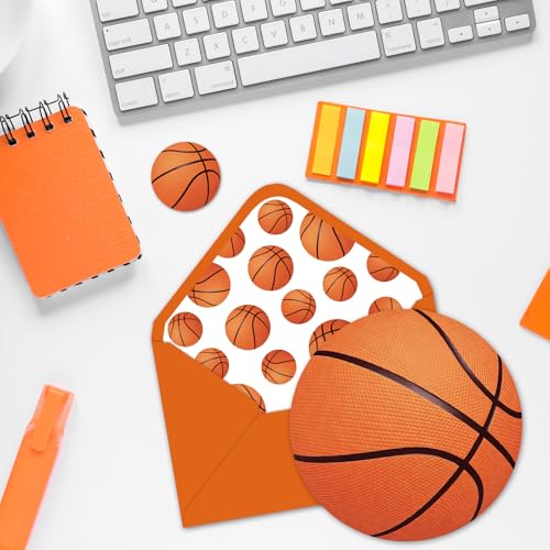 Whaline 24 Pack Basketball Greeting Cards Sports Ball Blank Note Cards with Envelopes Stickers for Sports Theme Game Day Birthday Party Supplies - style: Basketball