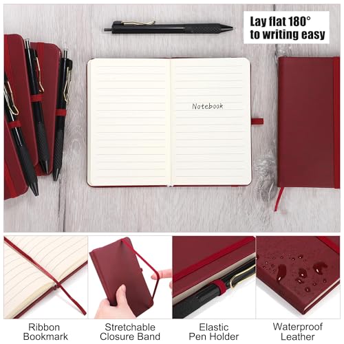 Aodaer 50 Sets Pocket Notebook Journal with Pens, 160 Pages, 3.5 x 5.5 Inch Mini Lined Journal Notebook A6 Leather Hardcover College Ruled Notepad with Pen Holder for School Office Gifts, Burgundy - color: Burgundy