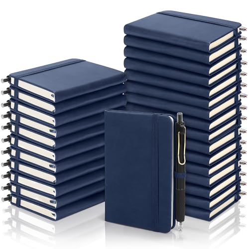 Aodaer 50 Sets Pocket Notebook Journal with Pens, 160 Pages, 3.5 x 5.5 Inch Mini Lined Journal Notebook A6 Leather Hardcover College Ruled Notepad with Pen Holder for School Office Gifts, Navy Blue - color: Navy Blue