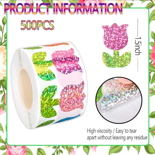500Pcs Spring Tulip Stickers Roll 1.2in Large Glitter Vinyl Stickers 6 Colors Flower Label Tag Self-Adhesive Classroom Reward Waterproof Decals for Birthday Envelope Journal Decorations - color: Tulip