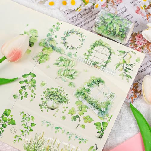 Sitsink PET Tape for Journal Scrapbooking - Green Serenity Greenery Botanical PET Tape Stickers for Crafts Junk Journal Supplies Notebook Scrapbook DIY Decor - style: Green Mood