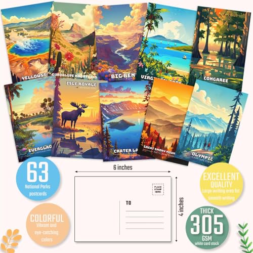 LCLAIDYDY 63 National Parks Postcard Set,Vintage Travel Posters Illustrations Postcards,U.S. National Parks Post Cards for Kids Students Teachers Mailing 4x6