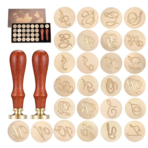 Yoption Handwritten Initial Alphabet Wax Seal Stamp Kit, Letter A-Z | 26pcs Brass Stamp Head with 2 Wooden Handles for Wedding Invitations, Envelopes, Christmas, Snail Mails, Gifts Wrap - style: A-Z Kit