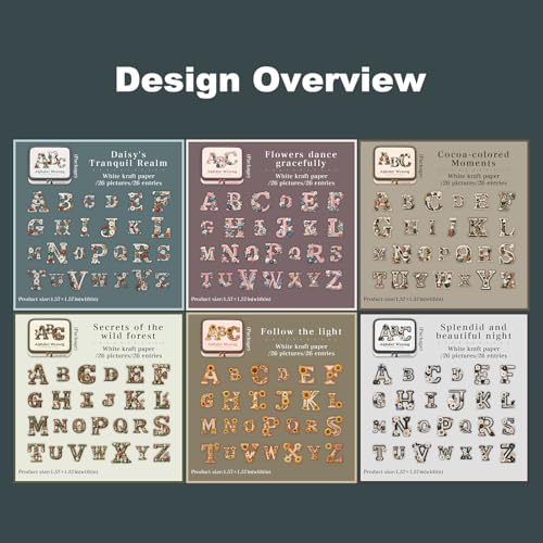 156 Pcs Alphabet Stickers for Scrapbooking and Journaling | Floral, mushroom, sunflower and stitch-inspired letter designs on self-adhesive white kraft paper; 6 complete A-Z sets - color: Alphabet Workshop