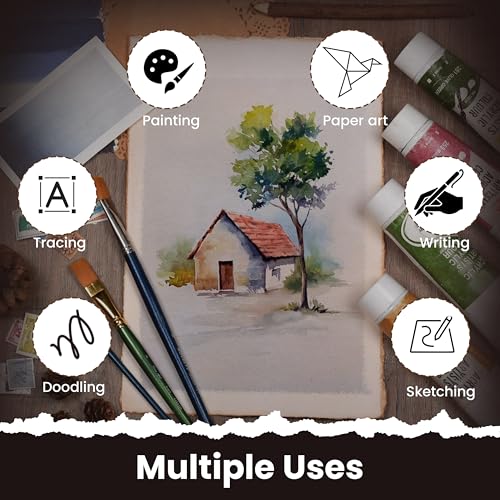 LEATHER VILLAGE Vintage Deckled Edge Handmade Watercolor Paper 12x16 | 50 Sheets of 150 GSM thick cotton paper with warm aged look for drawing, watercolor, ink, sketching and letter writing - color: Antique/Vintage, size: 12"X16"
