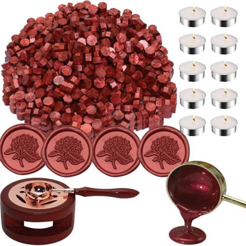 Sealing Wax Beads Kit,Atopbb 300pcs Wine Red Color Wax Seal Beads,1pcs Wooden WaxSeal Warmer,1pcs Melted Spoon and 10pcs Tea Candles for WaxSealing Stamp Kit (300,Burgundy) - color: Wine Red