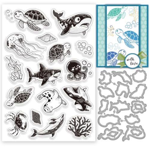 INFUNLY 2 Set Sea Animal Stamps and Dies for Card Making Turtles Dolphin Clear Stamp and Cutting Die Octopus Jellyfish Silicone Stamp Seals Whales Embossing Template for DIY Scrapbooking Album Decor - style: Sea Animals