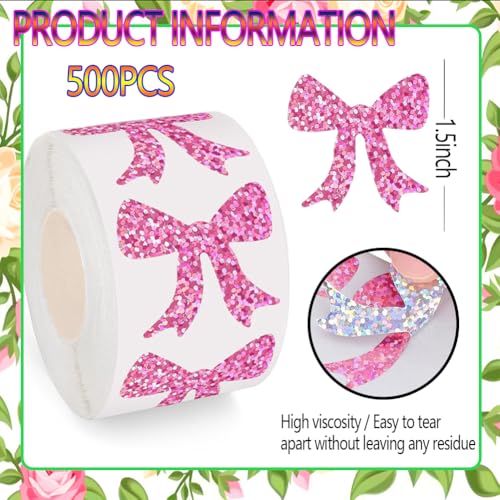 500Pcs Pink Bow Stickers Roll 1.2in Large Glitter Vinyl Stickers Sparkly Pink Bow Label Tag Self-Adhesive Classroom Reward Waterproof Decals for Bottle Birthday Party Envelopes Decorations - color: Pink Bow