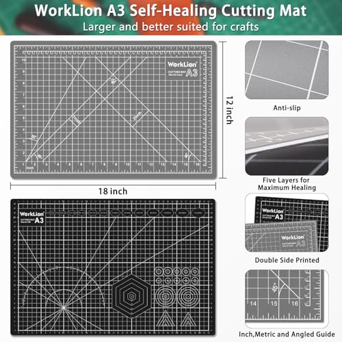 WorkLion Self Healing Cutting Mat: 12''x18'' Double Sided Craft Cutting Mat for Sewing, Fabric, Quilting - 5-Ply Slip-Resistant Hobby Cutting Board for DIY Projects (Grey/Black) - color: Black/Gray, size: 18"L x 12"W