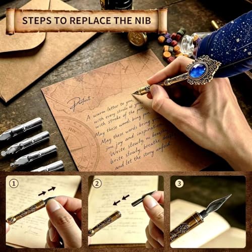 Calligraphy Pens Set,16PCS Dip Pen Stationery Kit (Navy) | Interchangeable nibs, 6 color inks, smooth writing tips, vintage letter paper, complete set for daily calligraphy practice - color: Navy