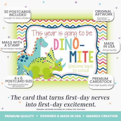 Amanda Creation Dinosaur Postcards, 30 Pack 4x6 Welcome to School Postcards for Students from Teacher, Dino-Mite Design - style: Dinosaur