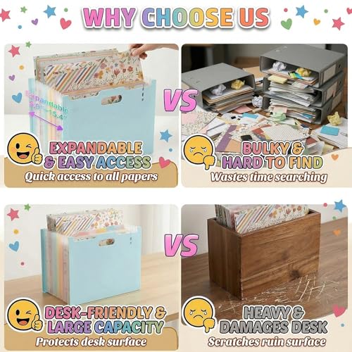 12x12 Scrapbook Paper Storage Organizer, Expandable 13 Pocket Desktop Paper Organizer Storage for Scrapbook Essentials, Large Scrapbook Storage for Photos, Washi Tape, Sticker (Light Blue) - color: Light Blue