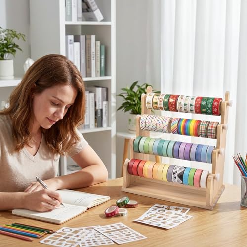 Washi Tape Organizer, 4-Tier Wooden Ribbon Holder Storage for Art Supplies