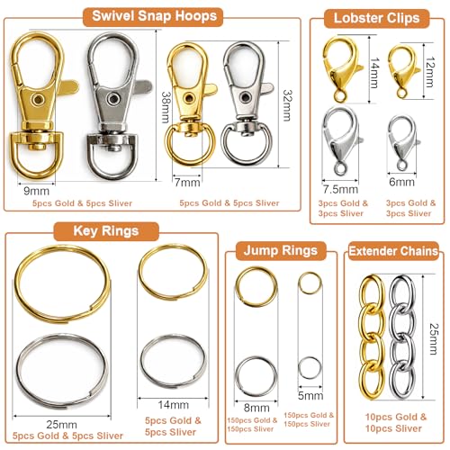672PCS DIY Keychain Making Kit, Metal Hooks Rings Chains Craft Kit | 360° swivel snap hooks, creates zipper pulls and charms, purse making supplies, suitable for DIY crafts and holiday gifts - color: Gold & Silver