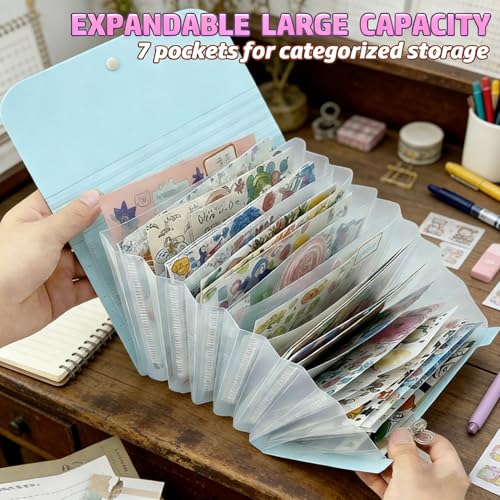 Sticker Storage Organizer with 7 Expandable Pockets, A6 Multi-Layer Desktop Sticker Binder for Scrapbook Essentials and Journal Organizer, Large Capacity for Thick Sticker Album, Washi Tape(Blue) - color: blue