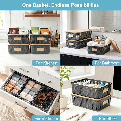 Bagnizer 4 Pack Plastic Storage Bins with Bamboo Lids, 6.2qt Stackable Storage Organizer Box with Lable for Pantry Shelves Drawers Desktop Office, 12"L x 8.3"W x 3.5"H, Gray - color: Gray, size: Shallow- 4 Pack