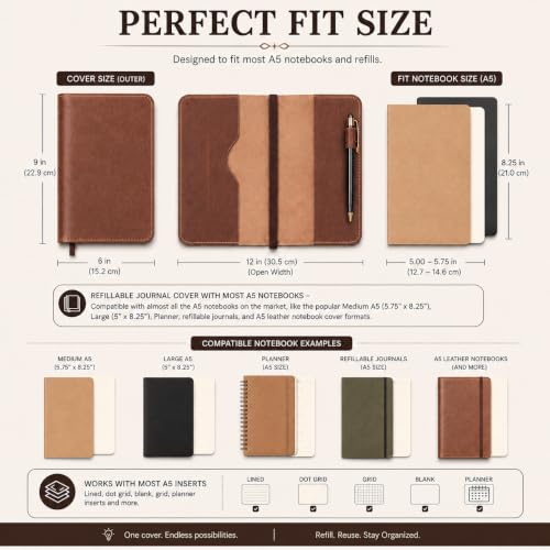 Handmade Refillable A5 Leather Journal Cover 9 x 6 in, Tan - color: Tan