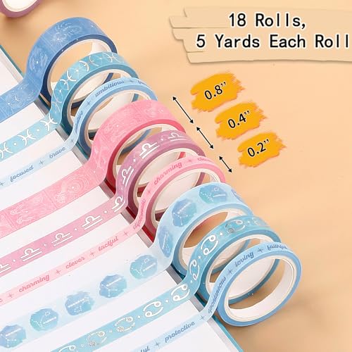 Washi Tape Set of 18 Rolls, Assorted Sizes, Decorative Tape for Journaling, Scrapbook, DIY Décor, Craft Supplies, Gift Wrapping, Metallic Foil, Celestial Pink and Blue - color: Celestial Pink and Blue
