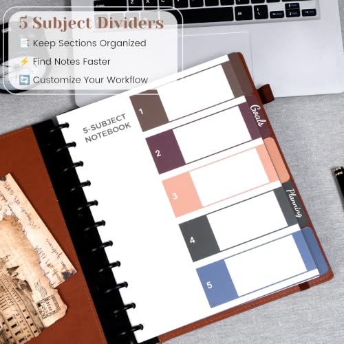 Hardcover Refillable Notebook with Removable Divider Tabs, 300 Pages Leather 5 Subject Discbound Notebook College Ruled for Work School Note Taking,10x11.5" Lined Journal for Men & Women,Dark Brown - color: Dark Brown, size: Large
