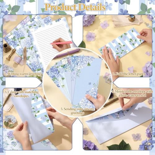 Funrous 90 Pcs Hydrangea Lined Stationery with Envelope, Lined Letter Paper - style: Hydrangea