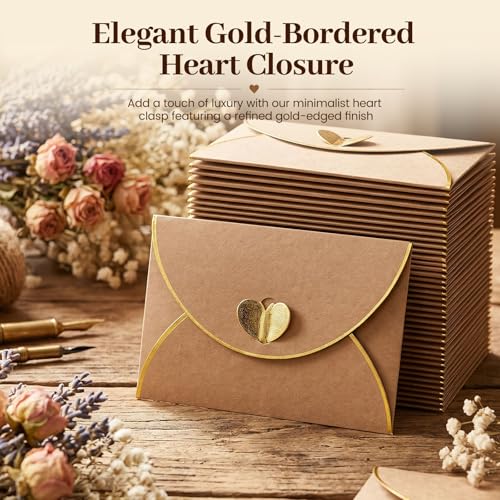 JOHOUSE 50PCS Brown Mini Gift Card Envelopes, 4 X 2.8 inches | Kraft Paper Envelopes Have Gold-bordered Heart Clasps for Thank You Cards, Wedding, Birthday, Business Cards - color: Brown