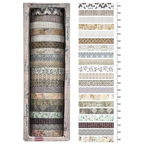 20 Rolls Skinny Vintage Washi Tape Set Retro Arts Adhesive Tapes Basic Patterns Decorative Masking Tape Sets for Craft, Kids, Scrapbook, DIY, Gift Wrapping (First Encounter) - color: First Encounter
