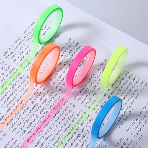 Psyqtsuary 5 Rolls Highlighter Tapes, 0.23inch X 16ft Transparent Highlighter Tape Removable Fluorescent Colored Tags PET Highlighter Tape for Reading Class