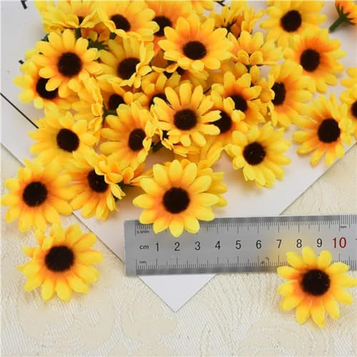 Jinshining 100Pcs Yellow Artificial Flower Heads Mini Fake Sunflower Decorative Fabric Flowers Craft Floral Embellishments for Wreaths Wedding Artificial Flowers
