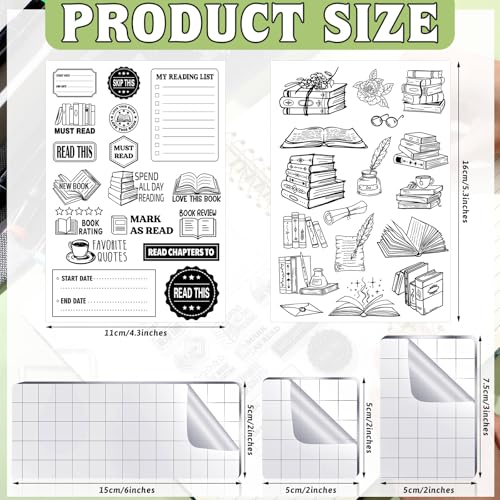 4 Sheets Vintage Book Reading Label Rubber Clear Stamps Set for Card Making and 3 Pcs Acrylic Stamp Block Tools with Grid Lines Transparent Book Sentiment Stamp for DIY Scrapbooking Card Album Craft