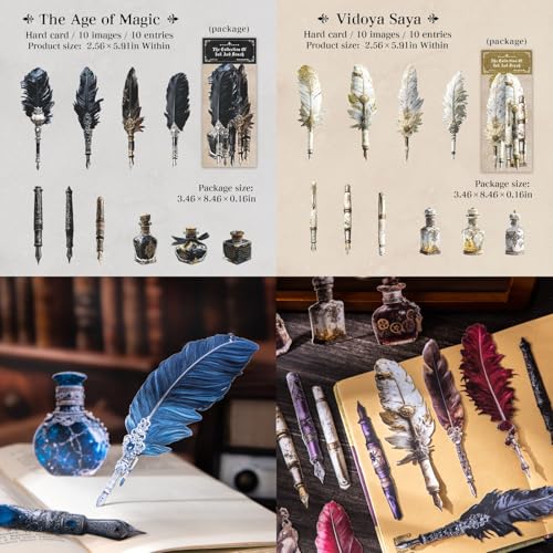 60 Pieces Vintage Fantasy Quill and Ink Bottle Decorative Stickers | Aesthetic Hard Card Feather Pen Decals for Scrapbooking, Bullet Journals, Planners, Surreal Art, and Adult DIY Crafts - color: Pen and Ink Collecting Enthusiast