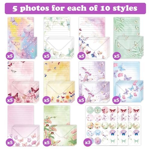 160 Pcs Stationery Paper Envelopes Set | Includes 50 Writing Paper & 50 Envelopes & 60 Dot Stickers,Butterfly Letter Writing Stationery Paper Envelopes(10Style) - color: Butterfly