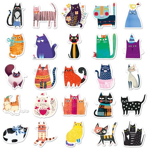 50 PCS Illustrated Cat Stickers, Waterproof Vinyl Cartoon Illustration Cat Decals for Laptop, Luggage, Skateboard, Phone, Fridge, Trendy Stickers for Teens, Adults, Boys and Girls (cat) - color: Cat