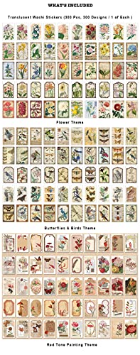 PRSTINCOL 300 Pcs Scrapbook Washi Stickers,Vintage Flower Butterfly Botanical Sticker Book for Junk Journal,Decorative Paper Stickers for Bullet Journal, Album, Collage, Planner, Gift Wrapping - color: Vintage Flower Washi Stickers Book