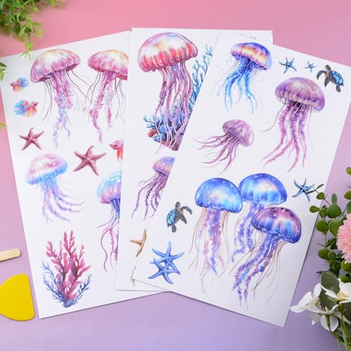 WANDIC 3 Sheets Transfer Stickers for Furniture,3D UV DTF Rub on Transfer Stickers for Craft Dream Jellyfish Cup Warp Waterproof Scrapbook Decals Decorative for Cards Glass Wood DIY Crafts,15 * 30cm - color: Dream Jellyfish
