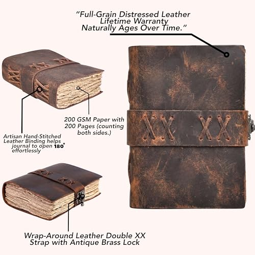 Leather Bound Vintage Journal for Women & Men – Book of Shadows – Lock Closure – 200 Pages of Antique Deckle Edges Handmade Paper (Distressed Brown, 10 x 7 inches) - color: Distressed Brown, size: 10 x 7 inches