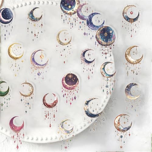 50PCS Dreamy Moon Crystal Gem Scrapbook Stickers Clear Celestial Vinyl Decals with Stars, Crystals & Galaxy Designs Aesthetic Stickers for Journaling, Planners, Crafts & Gifts (colourful-B10) - color: Colourful-b10
