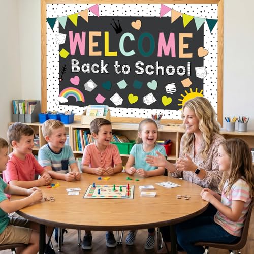 Mooliwe 94 Pcs Welcome Back to School Bulletin Board Set Rainbow Heart Sun Paper Cutouts for First Day of School Classroom Wall Door Decoration(Pastel Polka Dots) - style: Pastel Polka Dots