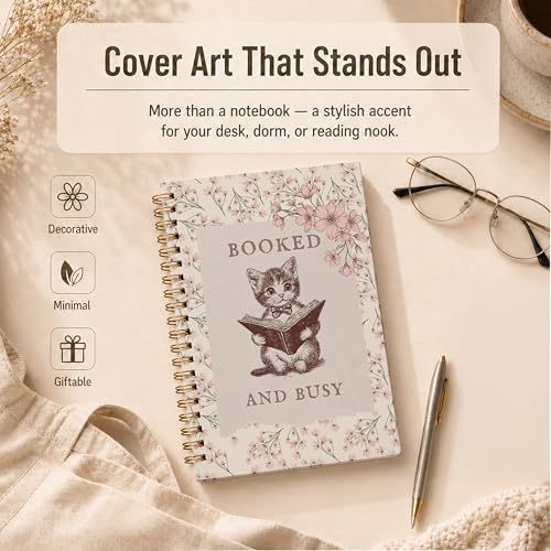 Vintage Pink Floral Cat Reading Spiral Notebook, Book Lover Bookworm Bookish Gifts Journal, Cat Lovers Mom Lady Gifts Hardcover Lined Notebook Journal, 5.5x8.3 Inch - color: pattern-3
