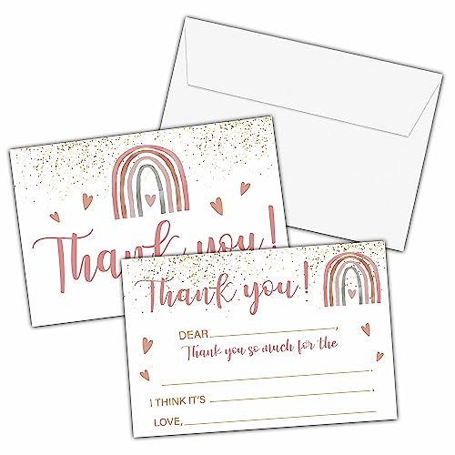 Boho Rainbow Thank You Cards, Gold Foil Fill In The Blank Thank You Card, Thank You Notes for Girls Boys, Rainbow Birthday Party Favors Supplies (20 Set of Cards with Envelopes) - B01 - color: Gold Foil Rainbow