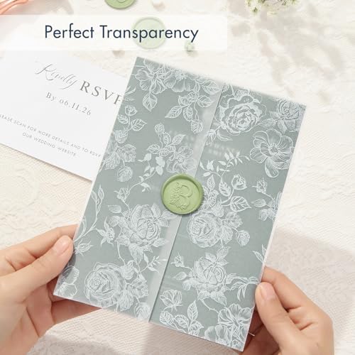 AZAZA 100 Pack Pre-Folded Vellum Jackets for 5x7 Invitations, Translucent Invitation Sleeves,115GSM Vellum Jackets 5x7, Wedding Invitation Accessories,for Weddings Birthdays,White Elegant Roses - color: 100Pack--White Elegant Roses